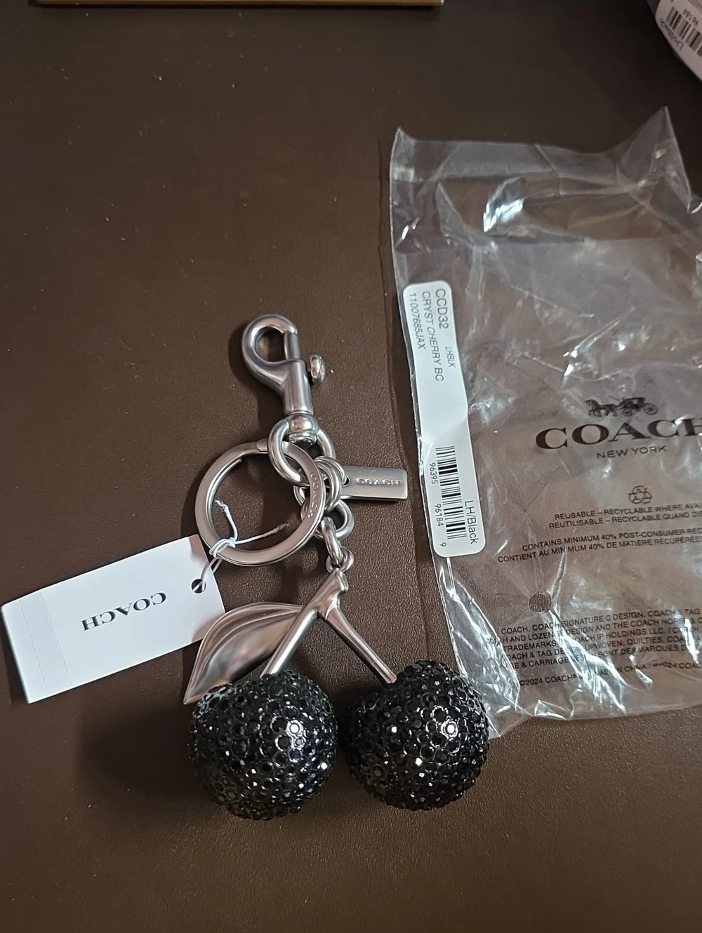 Coach Embellished Lg. Crystal Black Cherries Charm/ Key Ring Nwt Silver Hardware